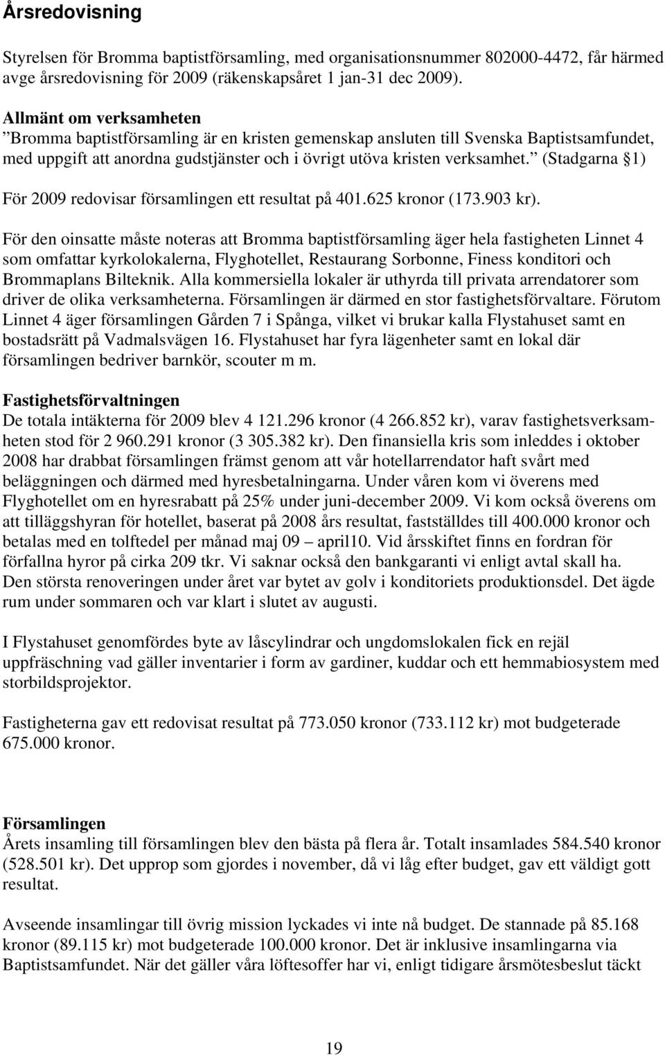 (Stadgarna 1) För 2009 redovisar församlingen ett resultat på 401.625 kronor (173.903 kr).