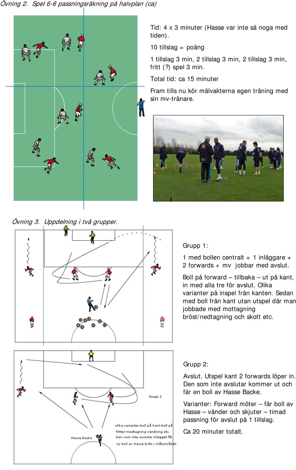 Grupp 1: 1 med bollen centralt + 1 inläggare + 2 forwards + mv jobbar med avslut. Boll på forward tillbaka ut på kant, in med alla tre för avslut. Olika varianter på inspel från kanten.