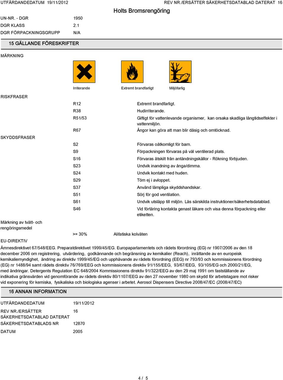 R38 Extremt brandfarligt. Hudirriterande. R51/53 Giftigt för vattenlevande organismer, kan orsaka skadliga långtidseffekter i vattenmiljön.