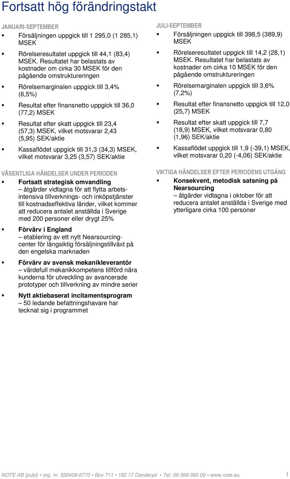 efter skatt uppgick till 23,4 (57,3) MSEK, vilket motsvarar 2,43 (5,95) SEK/aktie Kassaflödet uppgick till 31,3 (34,3) MSEK, vilket motsvarar 3,25 (3,57) SEK/aktie VÄSENTLIGA HÄNDELSER UNDER PERIODEN