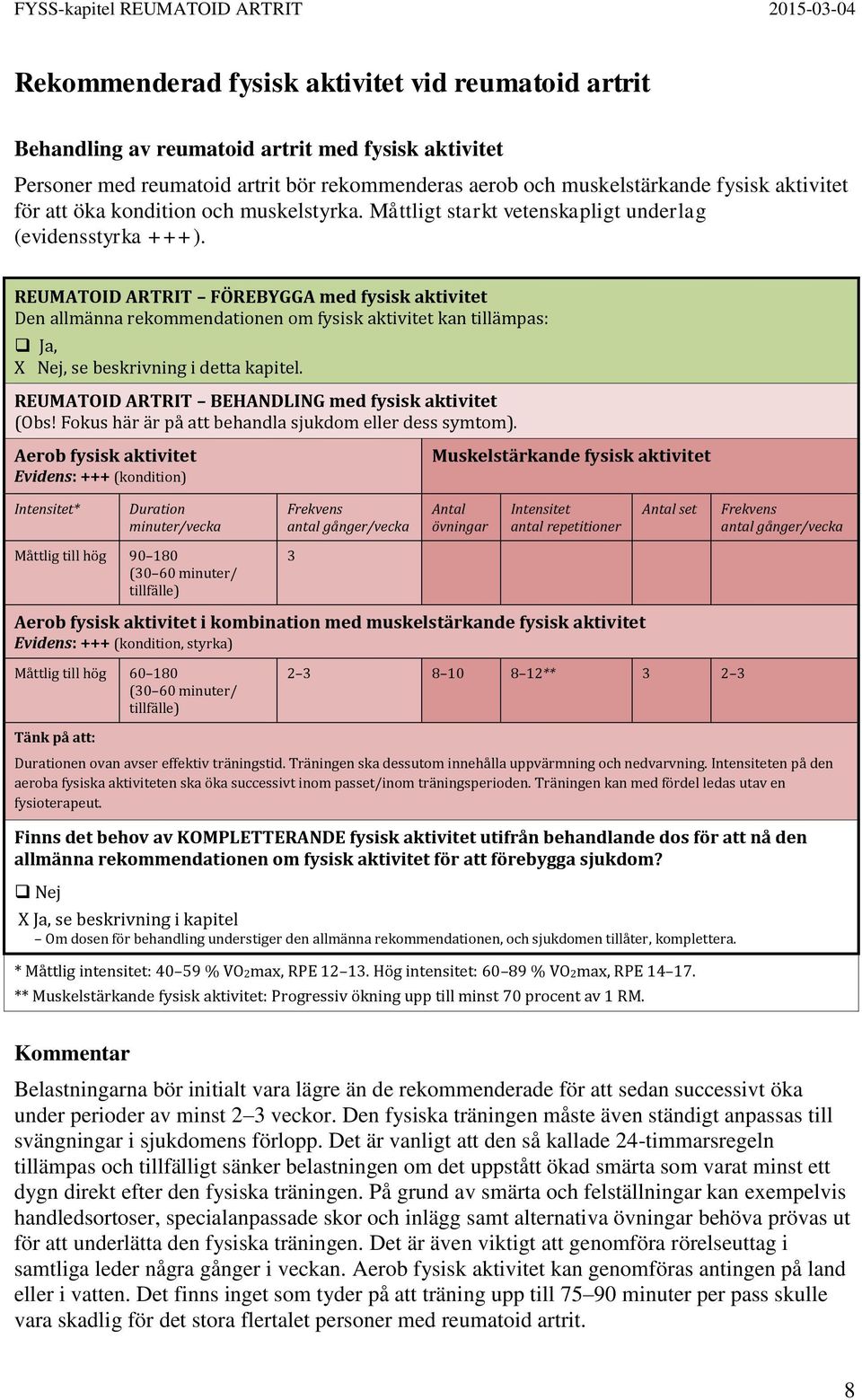 REUMATOID ARTRIT FÖREBYGGA med fysisk aktivitet Den allmänna rekommendationen om fysisk aktivitet kan tillämpas: Ja, X Nej, se beskrivning i detta kapitel.