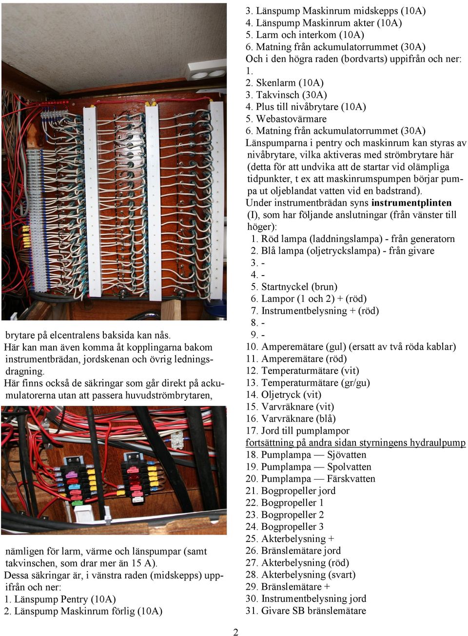 Dessa säkringar är, i vänstra raden (midskepps) uppifrån och ner: 1. Länspump Pentry (10A) 2. Länspump Maskinrum förlig (10A) 3. Länspump Maskinrum midskepps (10A) 4. Länspump Maskinrum akter (10A) 5.