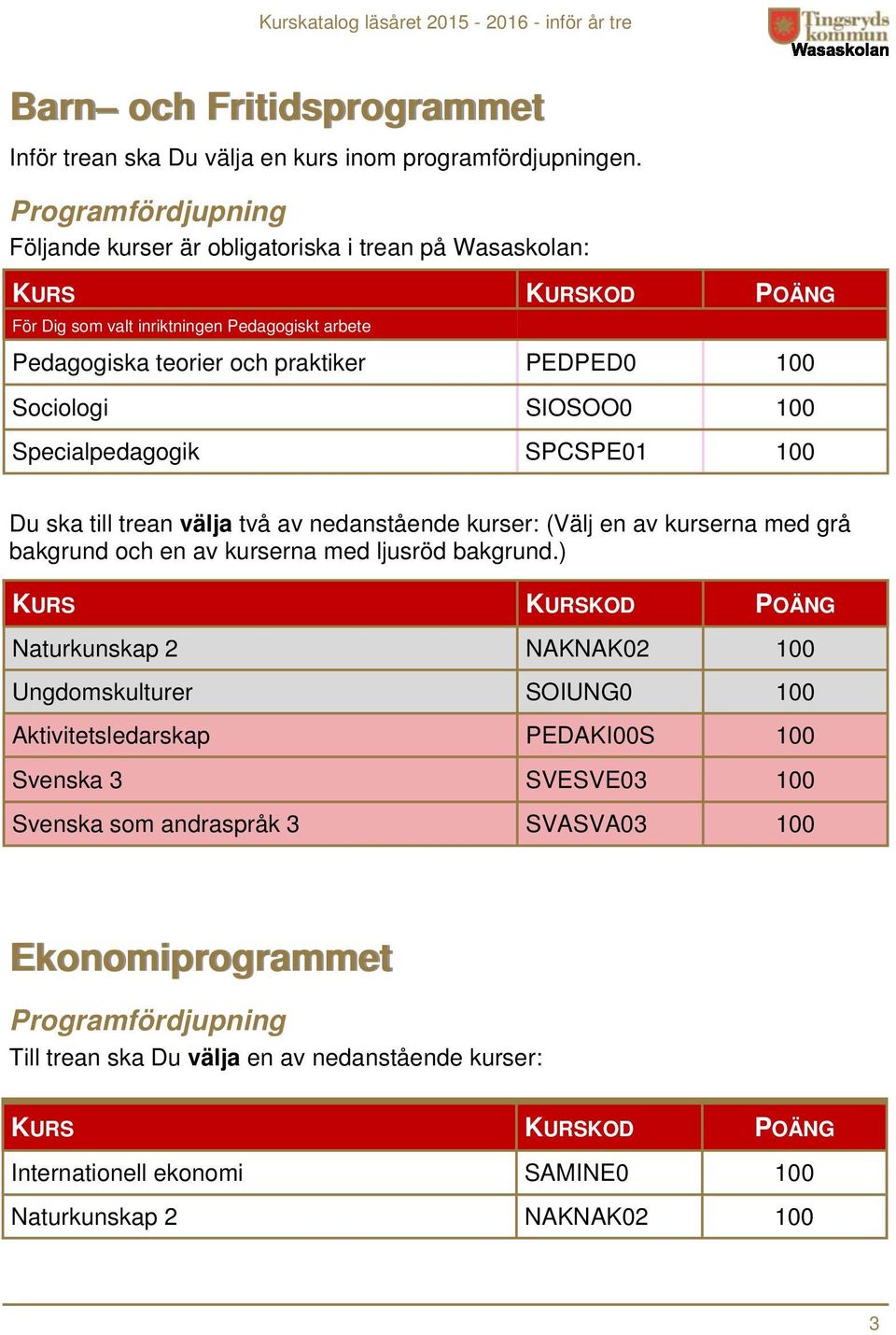 SIOSOO0 100 Specialpedagogik SPCSPE01 100 Du ska till trean välja två av nedanstående kurser: (Välj en av kurserna med grå bakgrund och en av kurserna med ljusröd bakgrund.