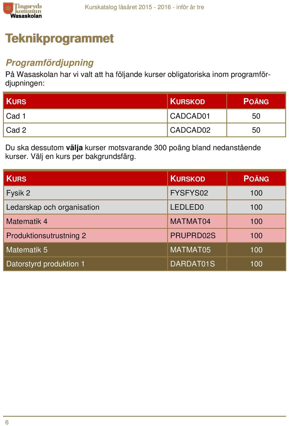 nedanstående kurser. Välj en kurs per bakgrundsfärg.