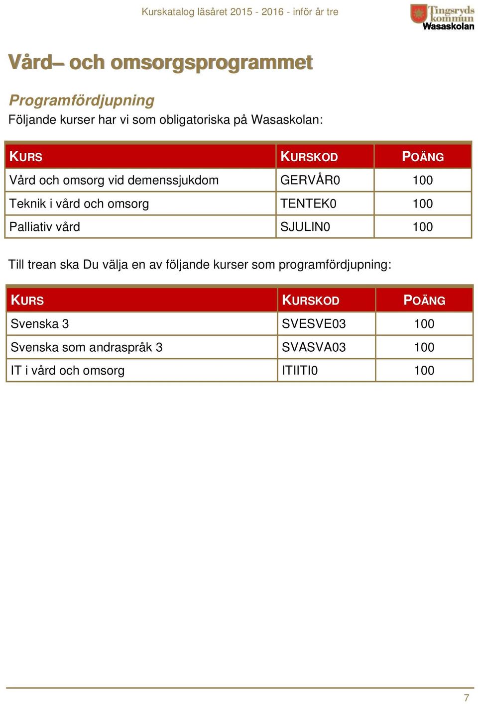 Palliativ vård SJULIN0 100 Till trean ska Du välja en av följande kurser som