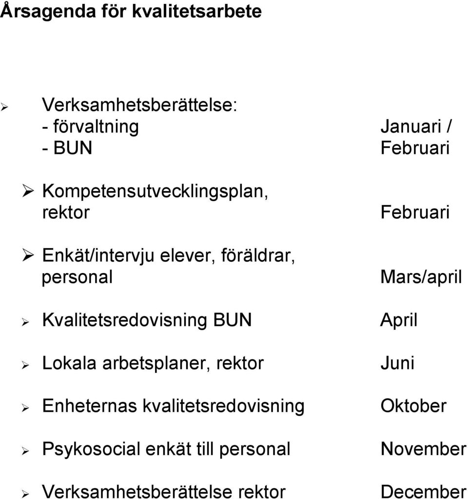Mars/april Kvalitetsredovisning BUN April Lokala arbetsplaner, rektor Juni Enheternas