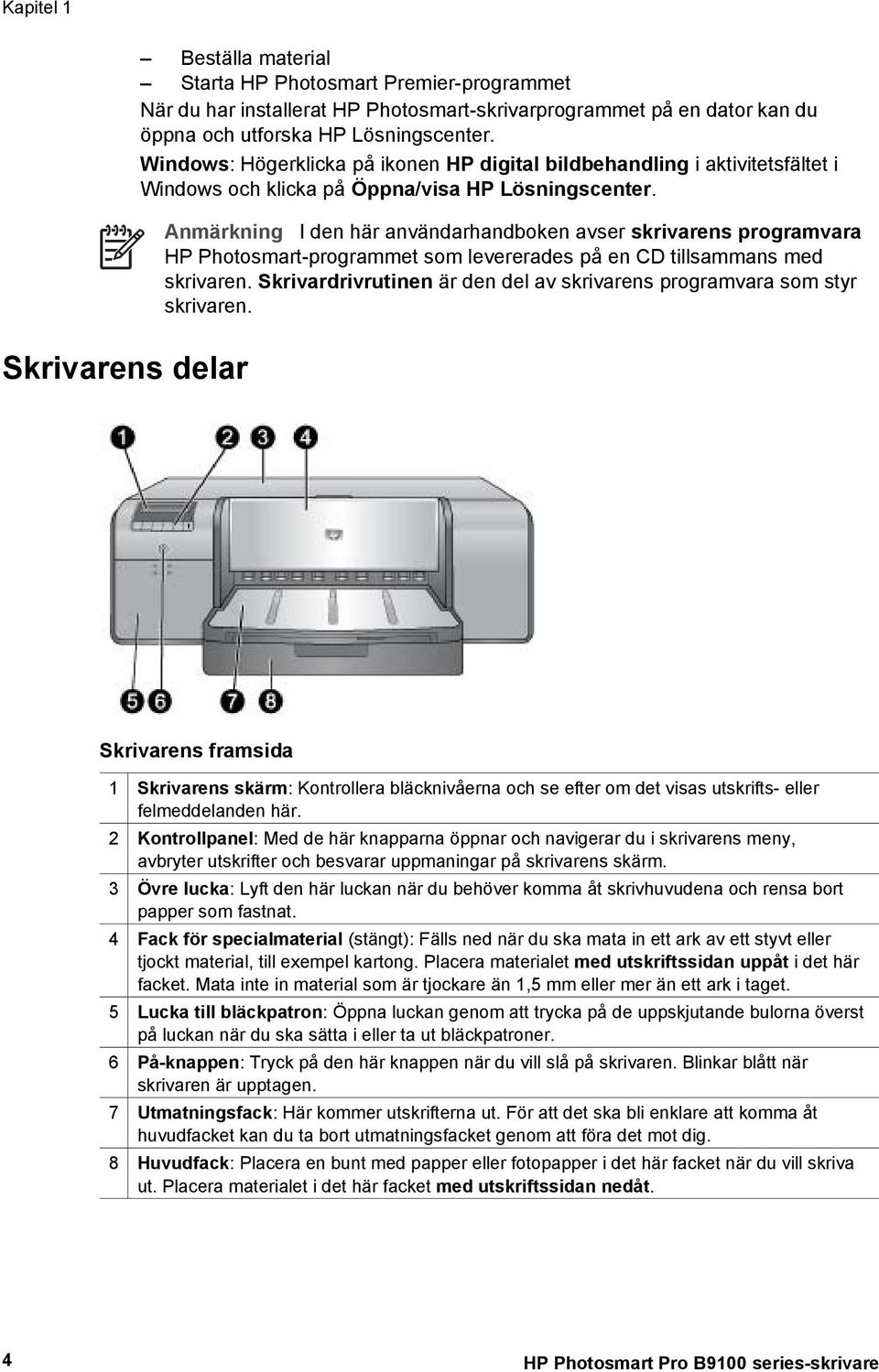 Anmärkning I den här användarhandboken avser skrivarens programvara HP Photosmart-programmet som levererades på en CD tillsammans med skrivaren.