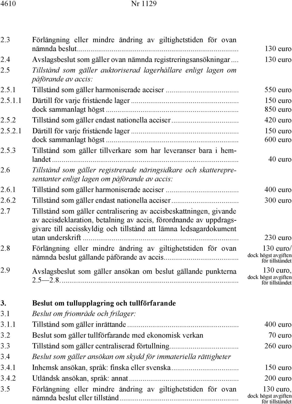 .. 420 euro 2.5.2.1 Därtill för varje fristående lager... dock sammanlagt högst... 2.5.3 Tillstånd som gäller tillverkare som har leveranser bara i hemlandet... 150 euro 600 euro 40 euro 2.