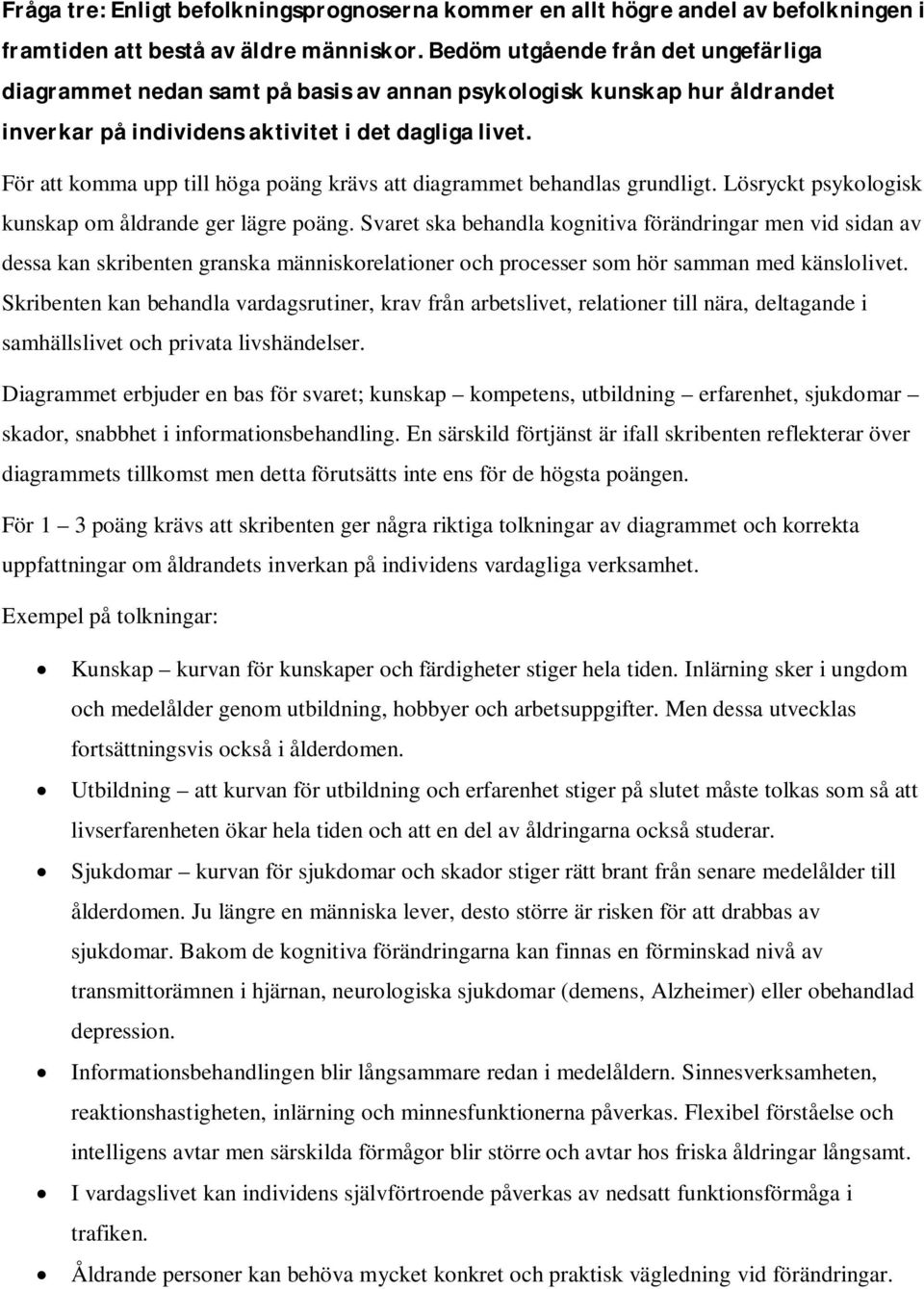 För att komma upp till höga poäng krävs att diagrammet behandlas grundligt. Lösryckt psykologisk kunskap om åldrande ger lägre poäng.