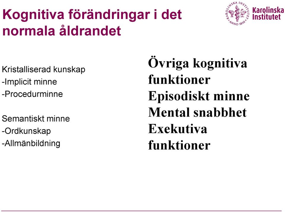 Semantiskt minne -Ordkunskap -Allmänbildning Övriga