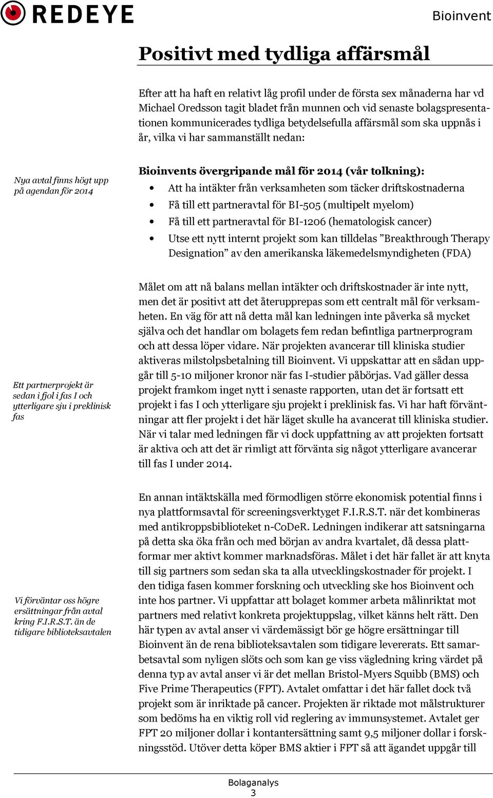 Att ha intäkter från verksamheten som täcker driftskostnaderna Få till ett partneravtal för BI505 (multipelt myelom) Få till ett partneravtal för BI1206 (hematologisk cancer) Utse ett nytt internt