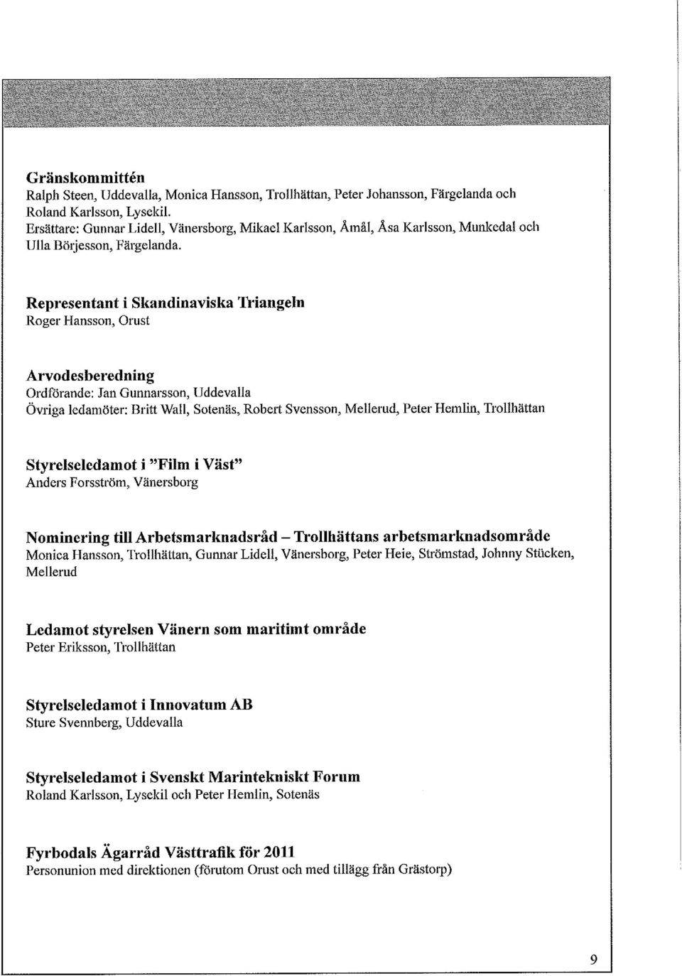 Representant i Skandinaviska Triangeln Roger Hansson, Orust Arvodesberedning Ordförande: Jan Gunnarsson, Uddevalla Övriga ledamöter: Britt Wall, Sotenäs, Robelt Svensson, Mellerud, Peter Hemlin,