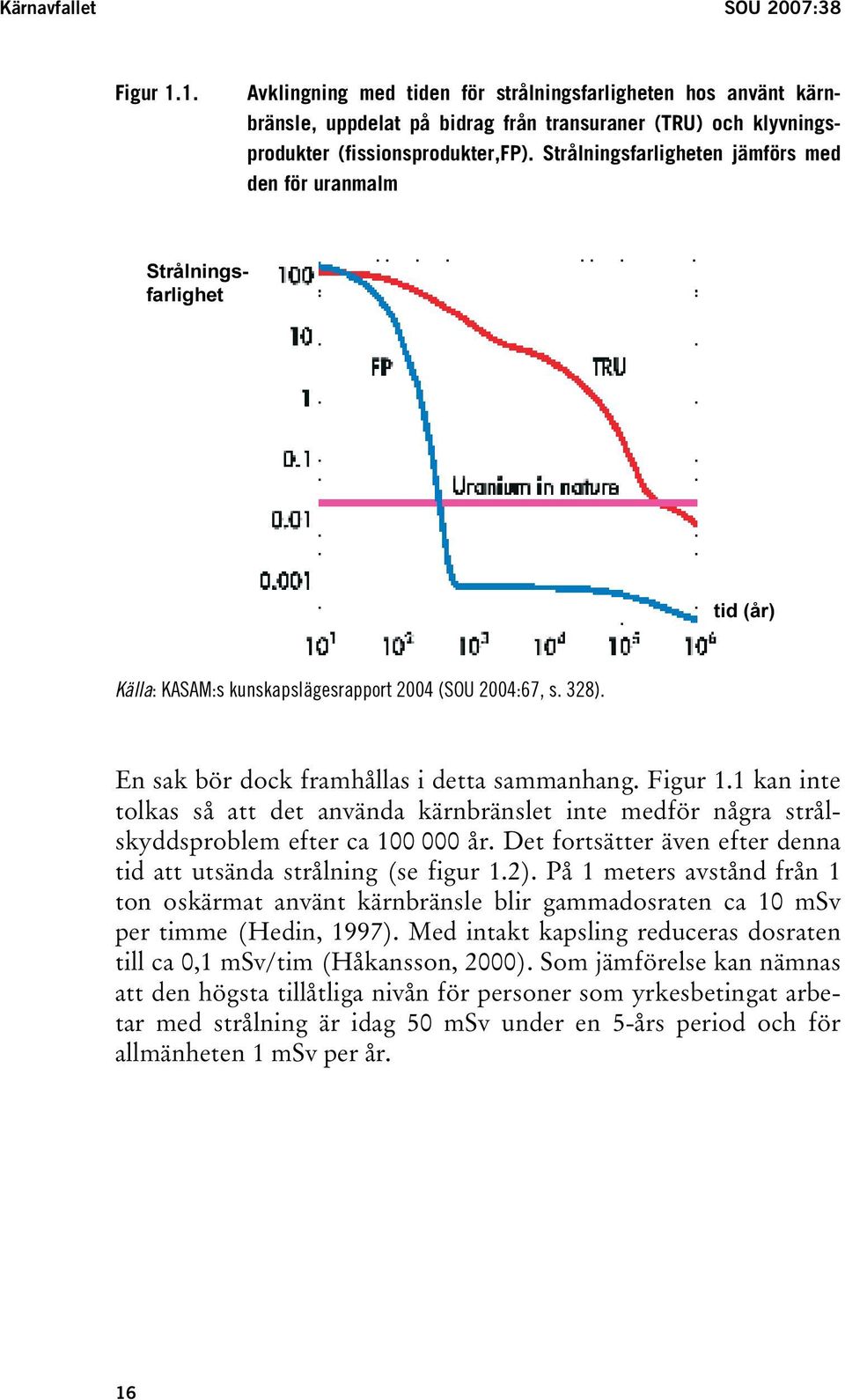 1 kan inte tolkas så att det använda kärnbränslet inte medför några strålskyddsproblem efter ca 100 000 år. Det fortsätter även efter denna tid att utsända strålning (se figur 1.2).