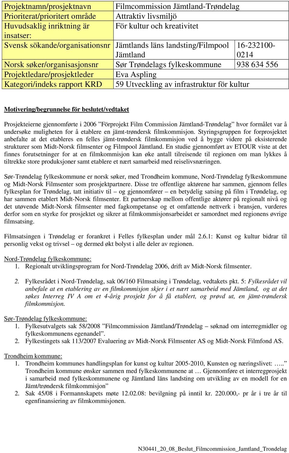 Kategori/indeks rapport KRD 59 Utveckling av infrastruktur för kultur Motivering/begrunnelse för beslutet/vedtaket Prosjekteierne gjennomførte i 2006 Förprojekt Film Commission Jämtland-Trøndelag