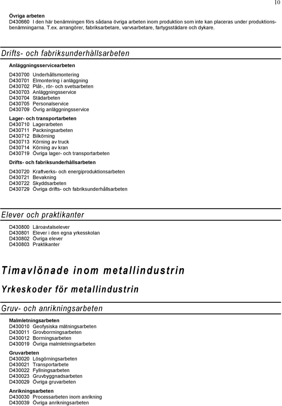 10 Drifts- och fabriksunderhållsarbeten Anläggningsservicearbeten D430700 Underhållsmontering D430701 Elmontering i anläggning D430702 Plåt-, rör- och svetsarbeten D430703 Anläggningsservice D430704