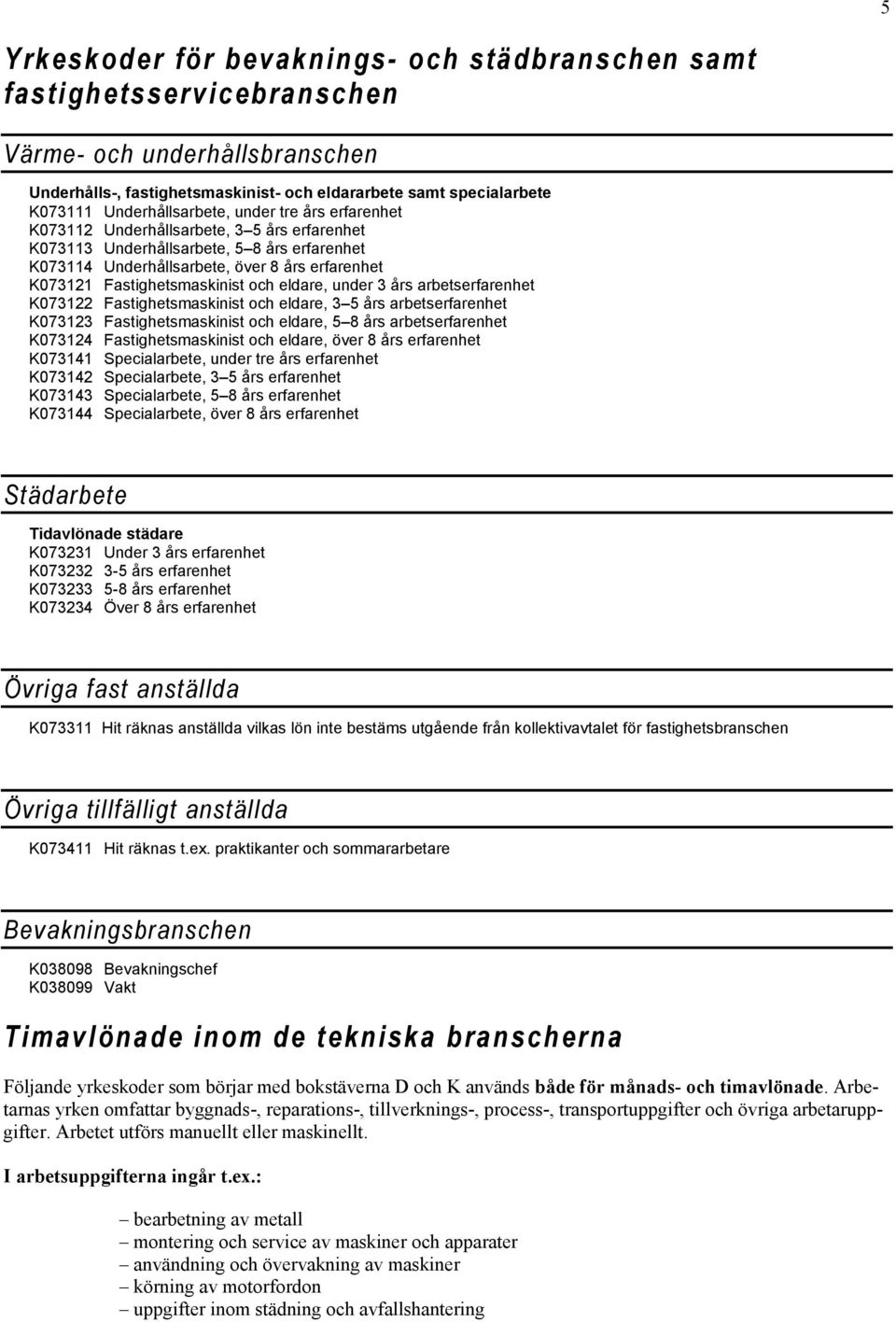 Fastighetsmaskinist och eldare, under 3 års arbetserfarenhet K073122 Fastighetsmaskinist och eldare, 3 5 års arbetserfarenhet K073123 Fastighetsmaskinist och eldare, 5 8 års arbetserfarenhet K073124