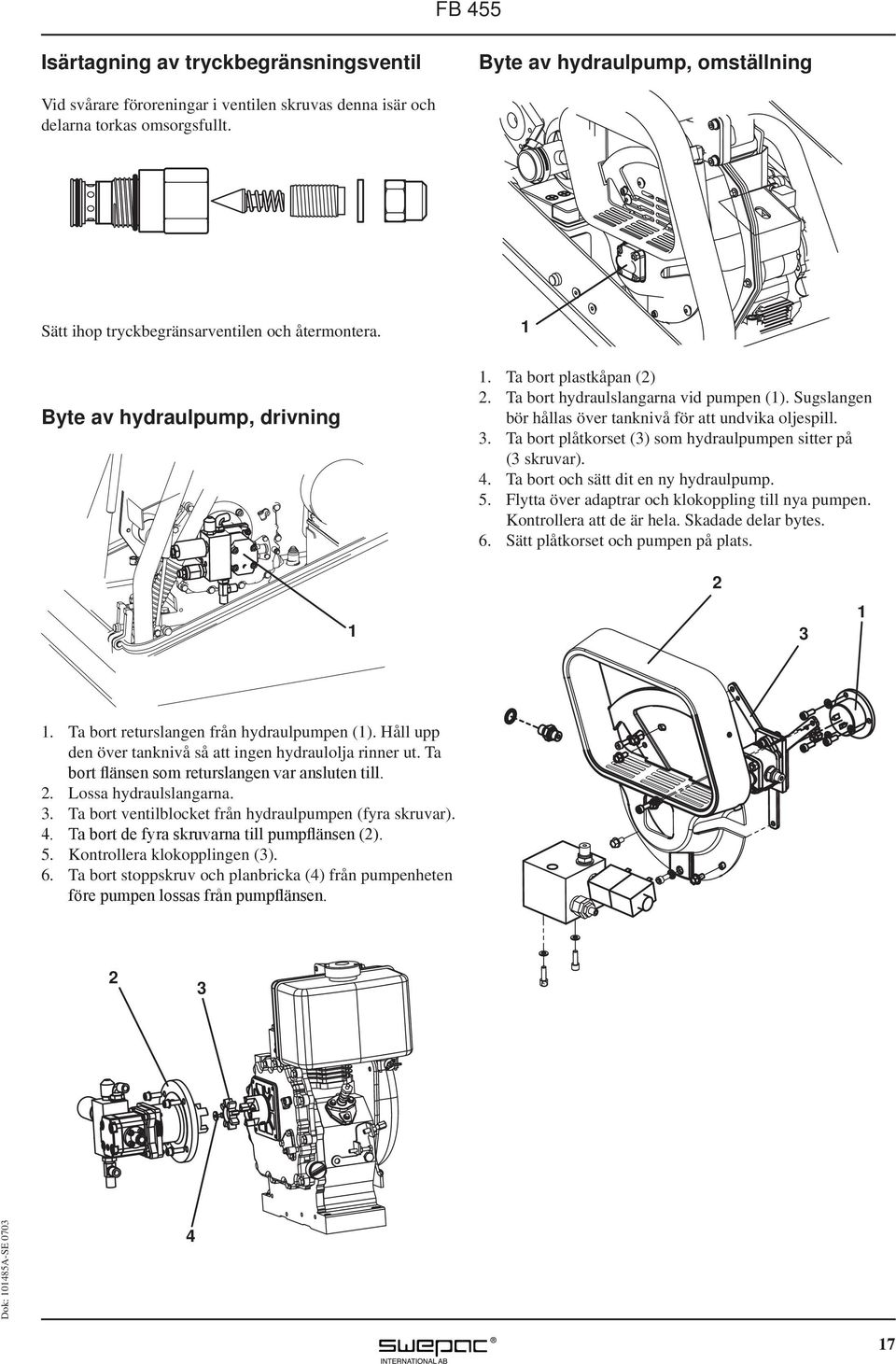 Sugslangen bör hållas över tanknivå för att undvika oljespill. 3. Ta bort plåtkorset (3) som hydraulpumpen sitter på (3 skruvar). 4. Ta bort och sätt dit en ny hydraulpump. 5.