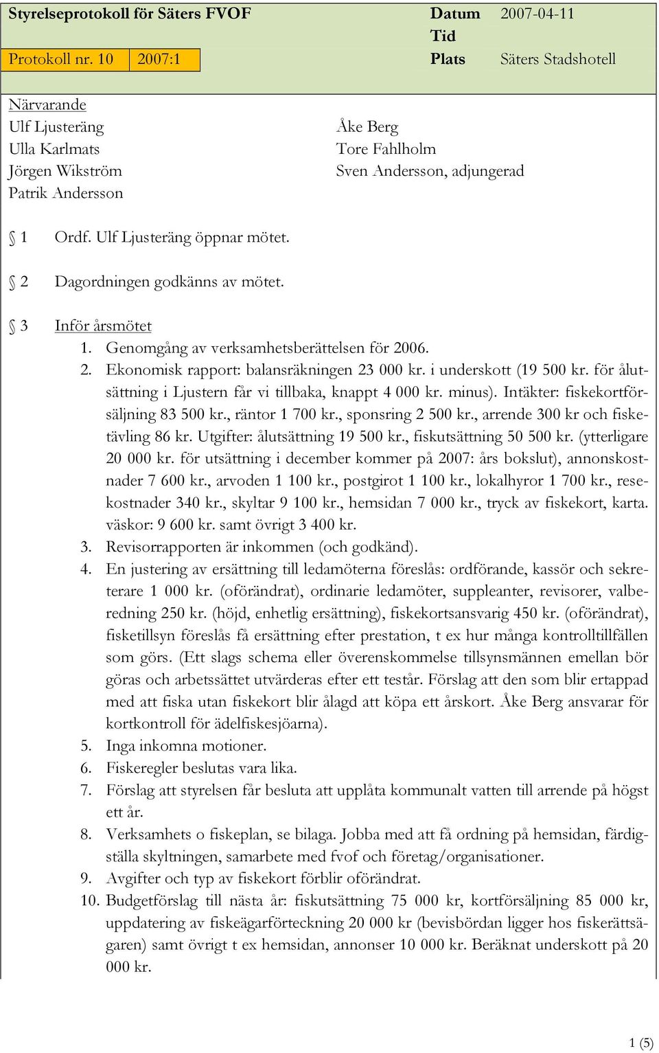 minus). Intäkter: fiskekortförsäljning 83 500 kr., räntor 1 700 kr., sponsring 2 500 kr., arrende 300 kr och fisketävling 86 kr. Utgifter: ålutsättning 19 500 kr., fiskutsättning 50 500 kr.