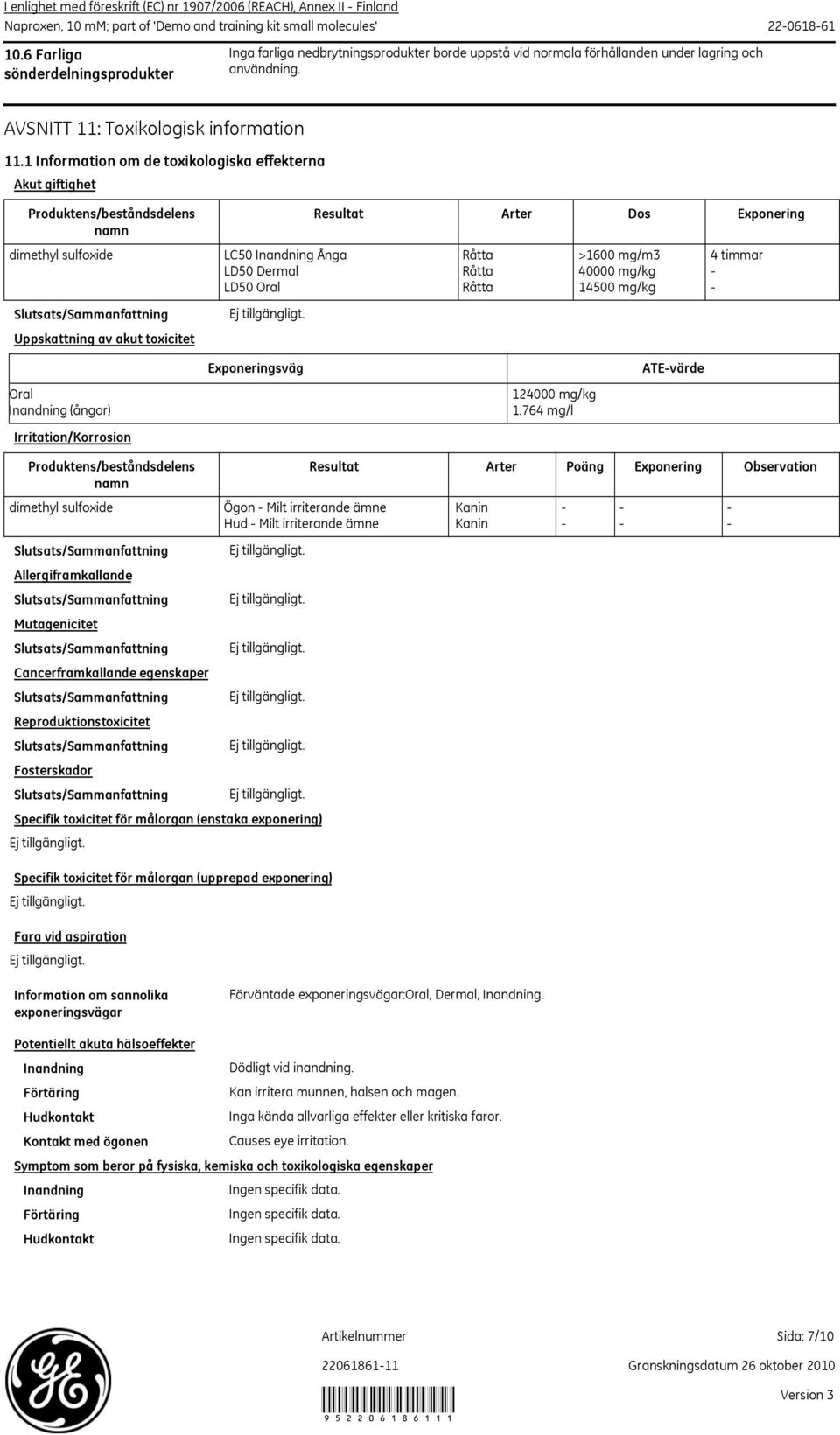 Råtta 14500 mg/kg - Slutsats/Sammanfattning Uppskattning av akut toxicitet Oral Inandning (ångor) Irritation/Korrosion Exponeringsväg 124000 mg/kg 1.