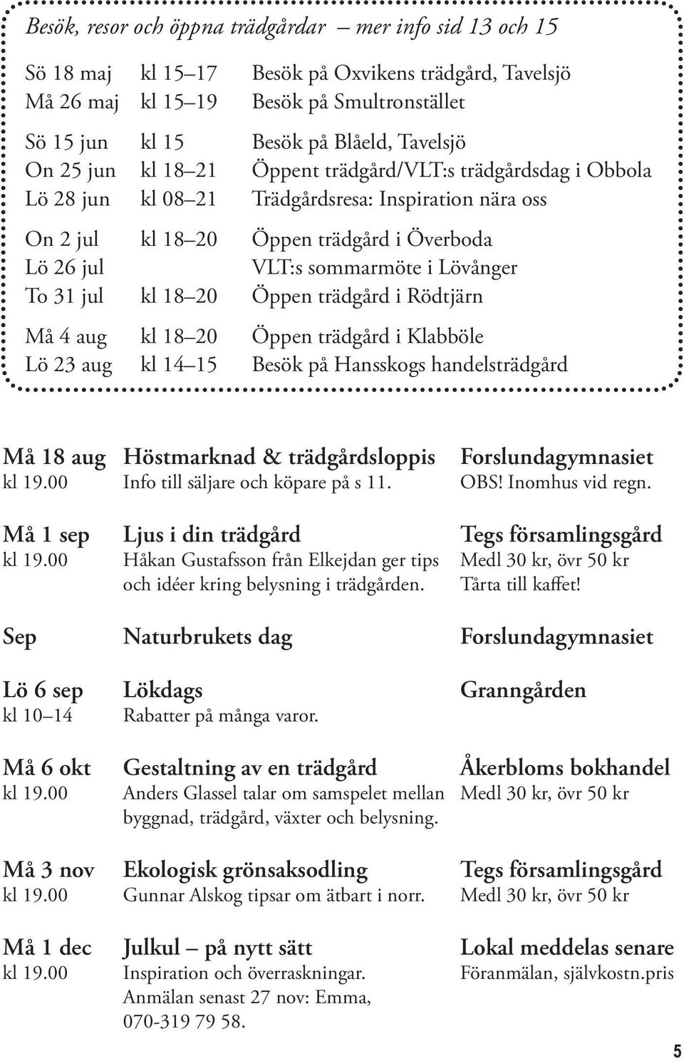 To 31 jul kl 18 20 Öppen trädgård i Rödtjärn Må 4 aug kl 18 20 Öppen trädgård i Klabböle Lö 23 aug kl 14 15 Besök på Hansskogs handelsträdgård Må 18 aug Höstmarknad & trädgårdsloppis