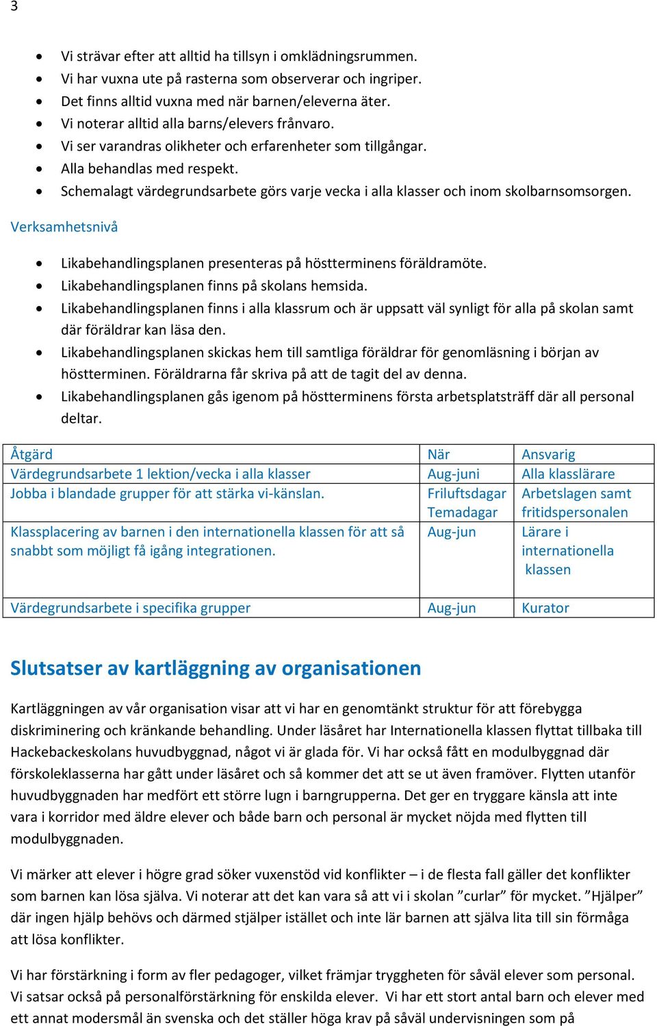 Schemalagt värdegrundsarbete görs varje vecka i alla klasser och inom skolbarnsomsorgen. Verksamhetsnivå Likabehandlingsplanen presenteras på höstterminens föräldramöte.