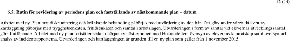 utvärdering av den här. Det görs under våren då även ny kartläggning påbörjas med trygghetsenkäten, fritidsenkäten och samtal i arbetslagen.