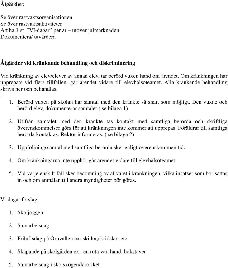 Alla kränkande behandling skrivs ner och behandlas.. 1. Berörd vuxen på skolan har samtal med den kränkte så snart som möjligt. Den vuxne och berörd elev, dokumenterar samtalet.( se bilaga 1) 2.