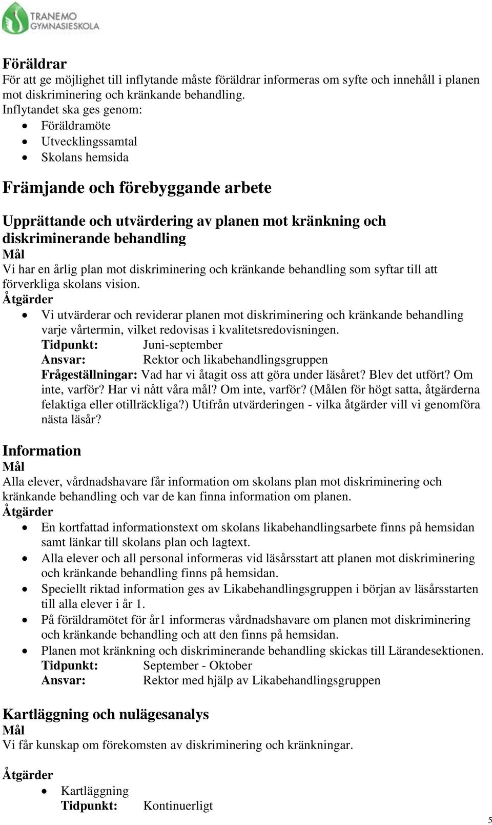 har en årlig plan mot diskriminering och kränkande behandling som syftar till att förverkliga skolans vision.