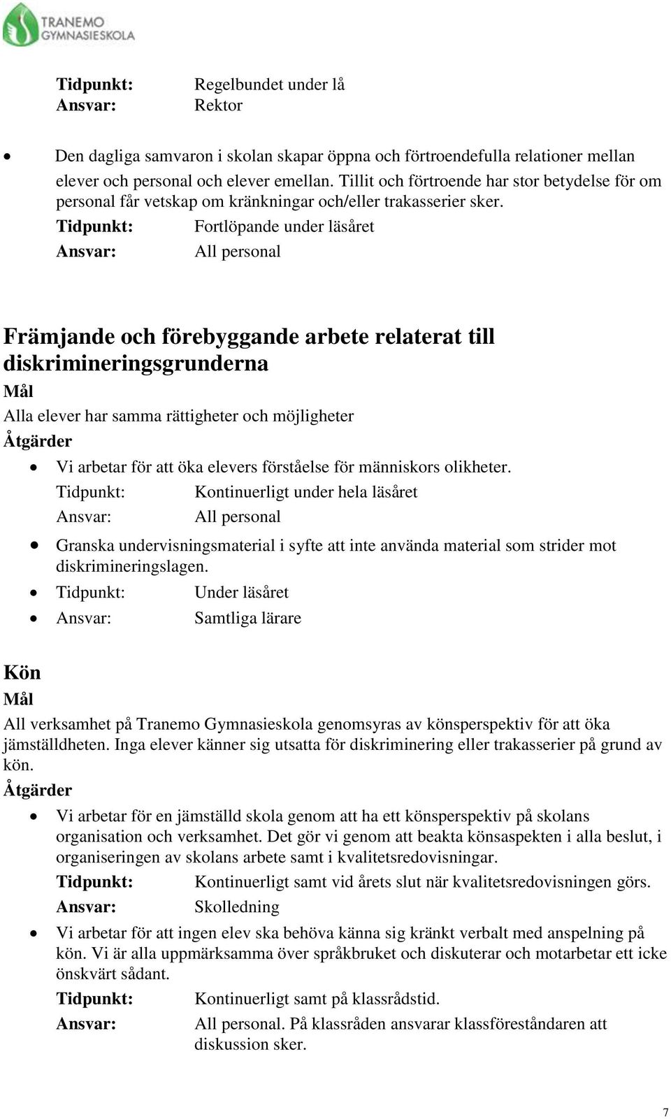 Tidpunkt: Fortlöpande under läsåret Ansvar: All personal Främjande och förebyggande arbete relaterat till diskrimineringsgrunderna Mål Alla elever har samma rättigheter och möjligheter Åtgärder Vi
