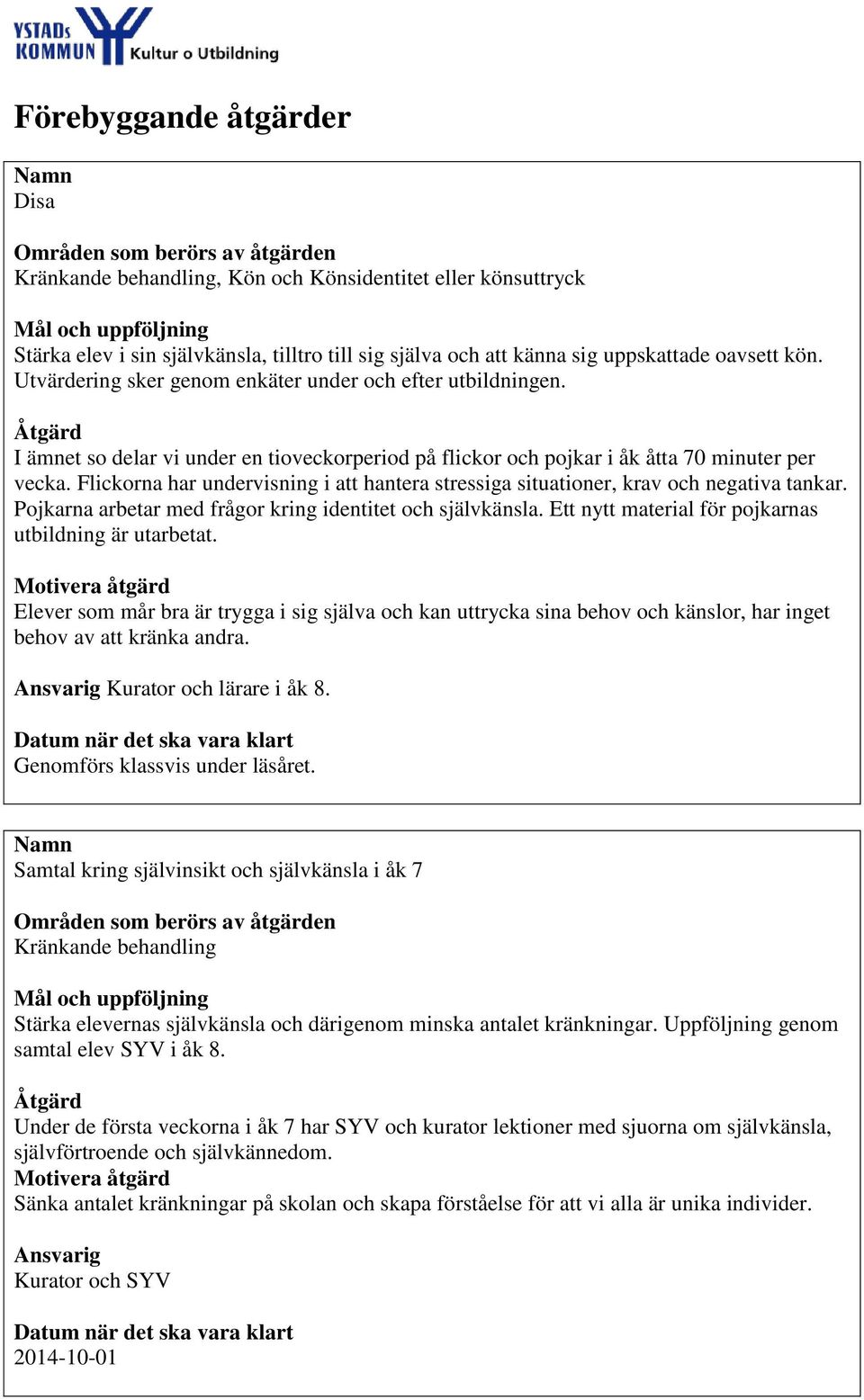 Flickorna har undervisning i att hantera stressiga situationer, krav och negativa tankar. Pojkarna arbetar med frågor kring identitet och självkänsla.