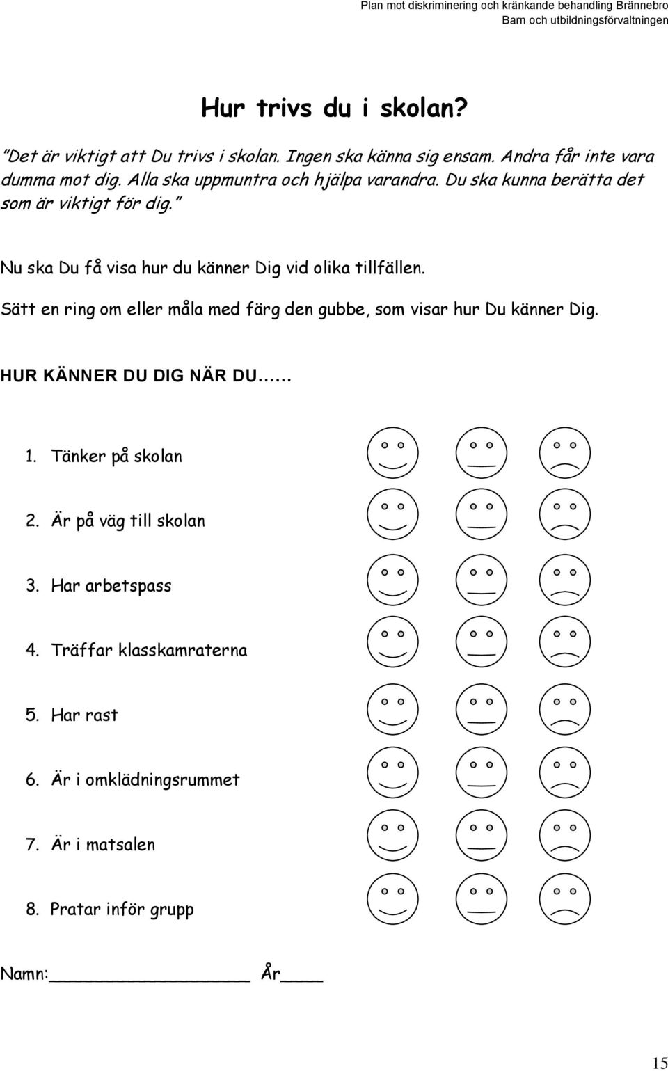 Nu ska Du få visa hur du känner Dig vid olika tillfällen. Sätt en ring om eller måla med färg den gubbe, som visar hur Du känner Dig.