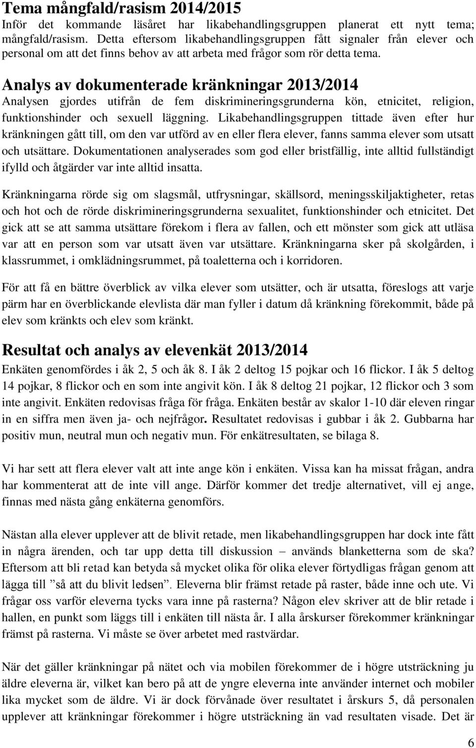 Analys av dokumenterade kränkningar 203/204 Analysen gjordes utifrån de fem diskrimineringsgrunderna kön, etnicitet, religion, funktionshinder och sexuell läggning.