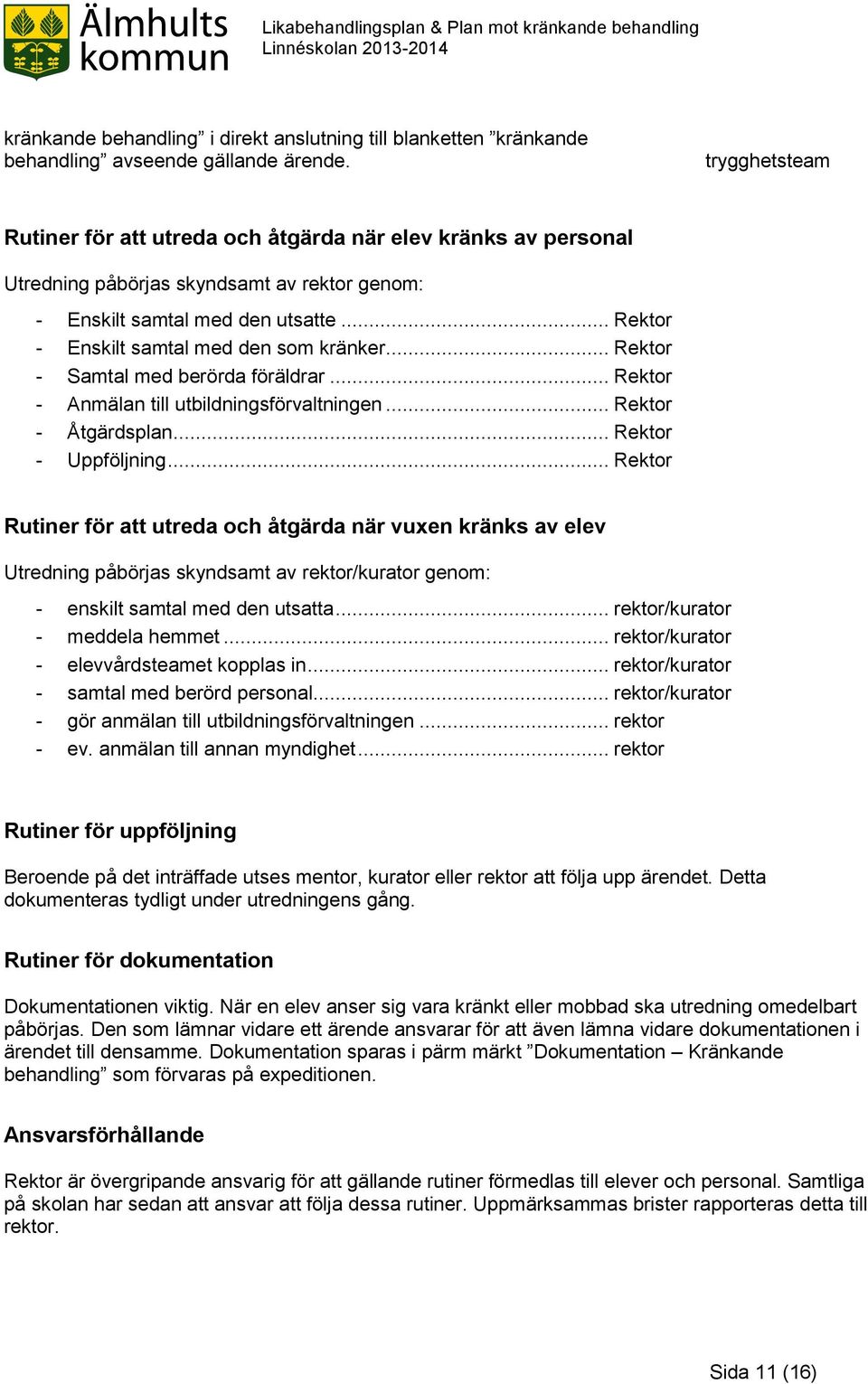 .. Rektor - Enskilt samtal med den som kränker... Rektor - Samtal med berörda föräldrar... Rektor - Anmälan till utbildningsförvaltningen... Rektor - Åtgärdsplan... Rektor - Uppföljning.