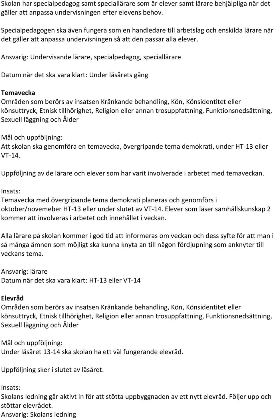 Ansvarig: Undervisande lärare, specialpedagog, speciallärare Datum när det ska vara klart: Under läsårets gång Temavecka Att skolan ska genomföra en temavecka, övergripande tema demokrati, under