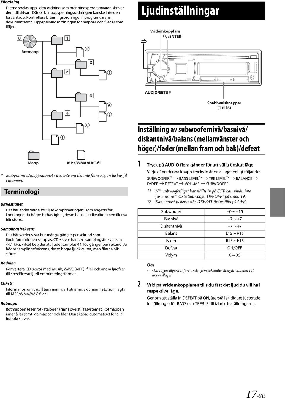 Ljudinställningar Vridomkopplare /ENTER Rotmapp AUDIO/SETUP Snabbvalsknappar (1 till 6) Inställning av subwoofernivå/basnivå/ diskantnivå/balans (mellanvänster och höger)/fader (mellan fram och