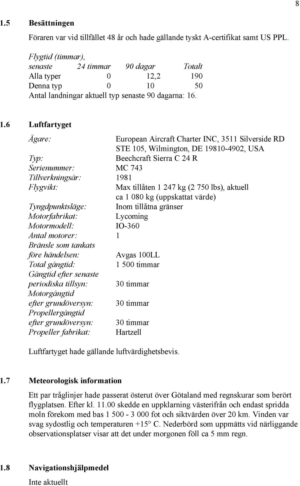 ,2 190 Denna typ 0 10 50 Antal landningar aktuell typ senaste 90 dagarna: 16. 1.6 Luftfartyget Ägare: European Aircraft Charter INC, 3511 Silverside RD STE 105, Wilmington, DE 19810-4902, USA Typ: