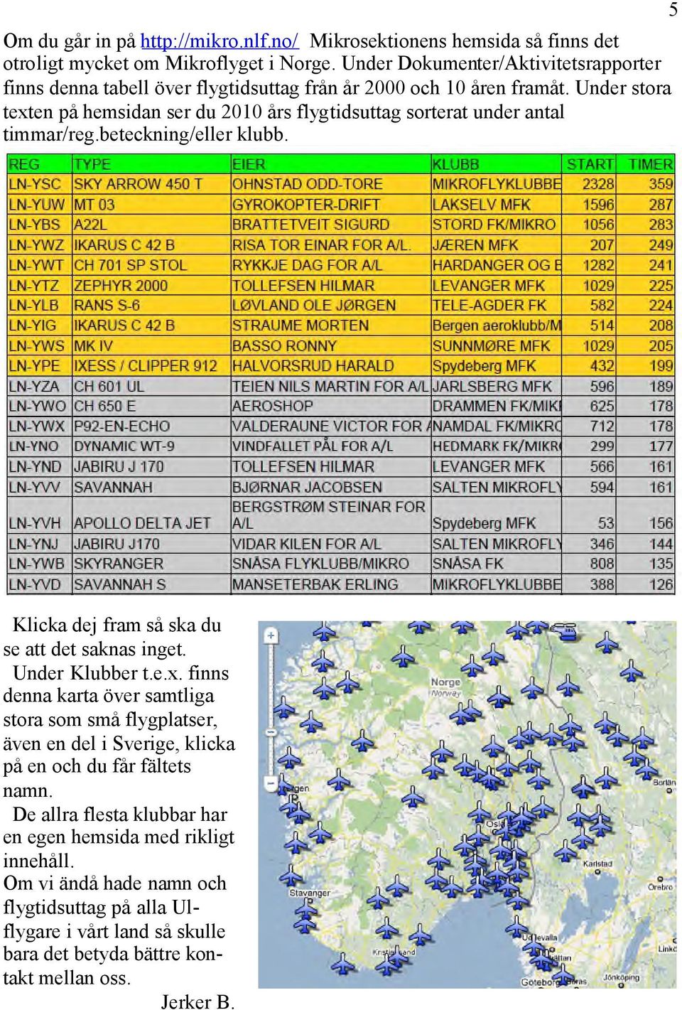 Under stora texten på hemsidan ser du 2010 års flygtidsuttag sorterat under antal timmar/reg.beteckning/eller klubb. 5 Klicka dej fram så ska du se att det saknas inget.