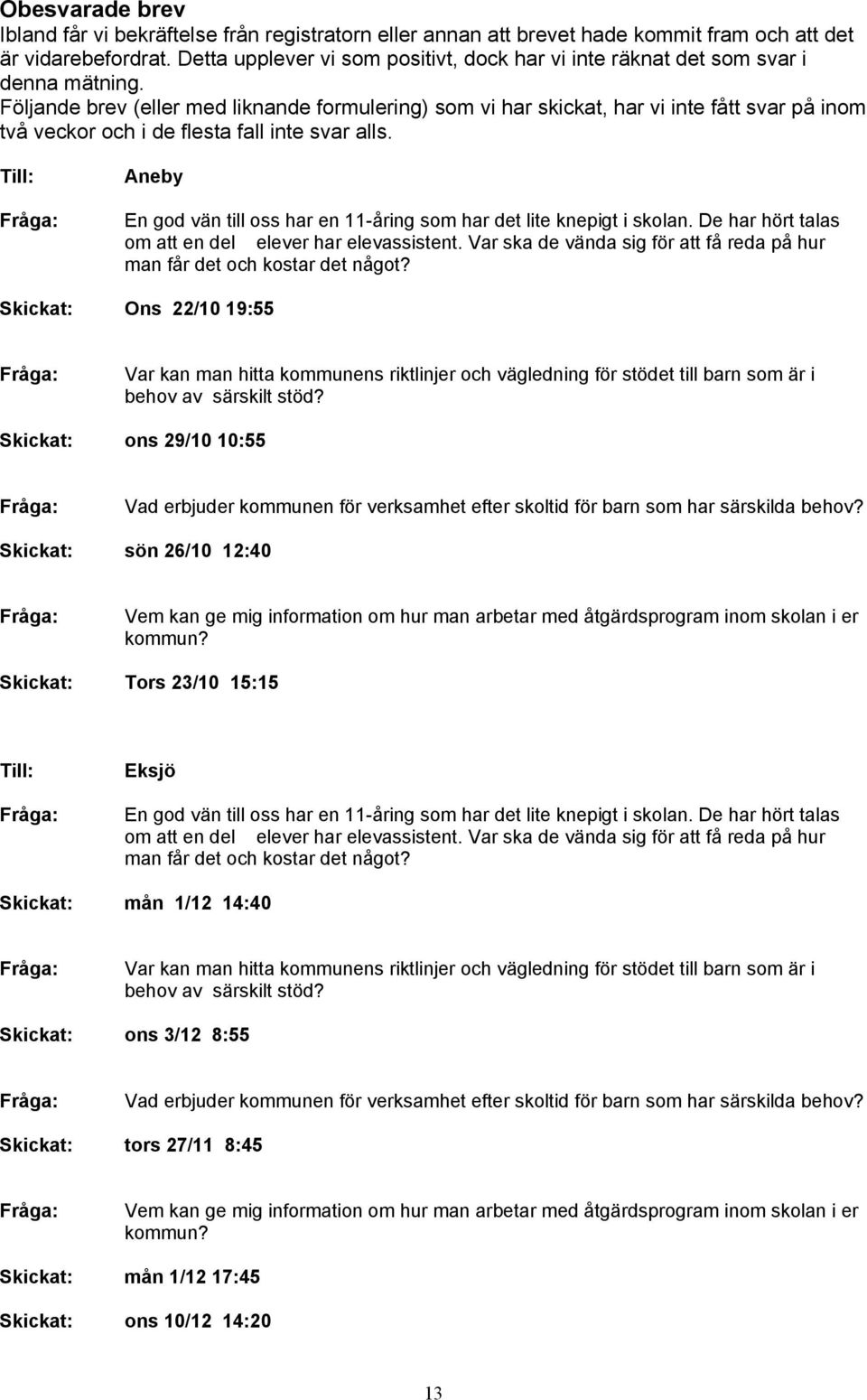 Följande brev (eller med liknande formulering) som vi har skickat, har vi inte fått svar på inom två veckor och i de flesta fall inte svar alls.