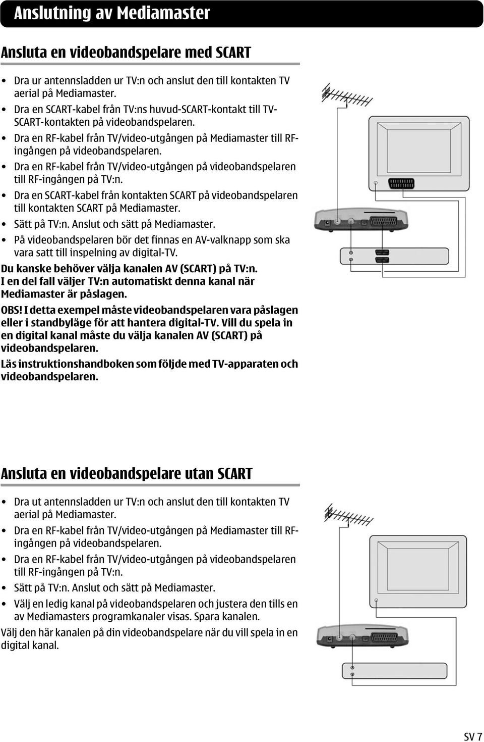 Dra en RF-kabel från TV/video-utgången på videobandspelaren till RF-ingången på TV:n. Dra en SCART-kabel från kontakten SCART på videobandspelaren till kontakten SCART på Mediamaster. Sätt på TV:n.