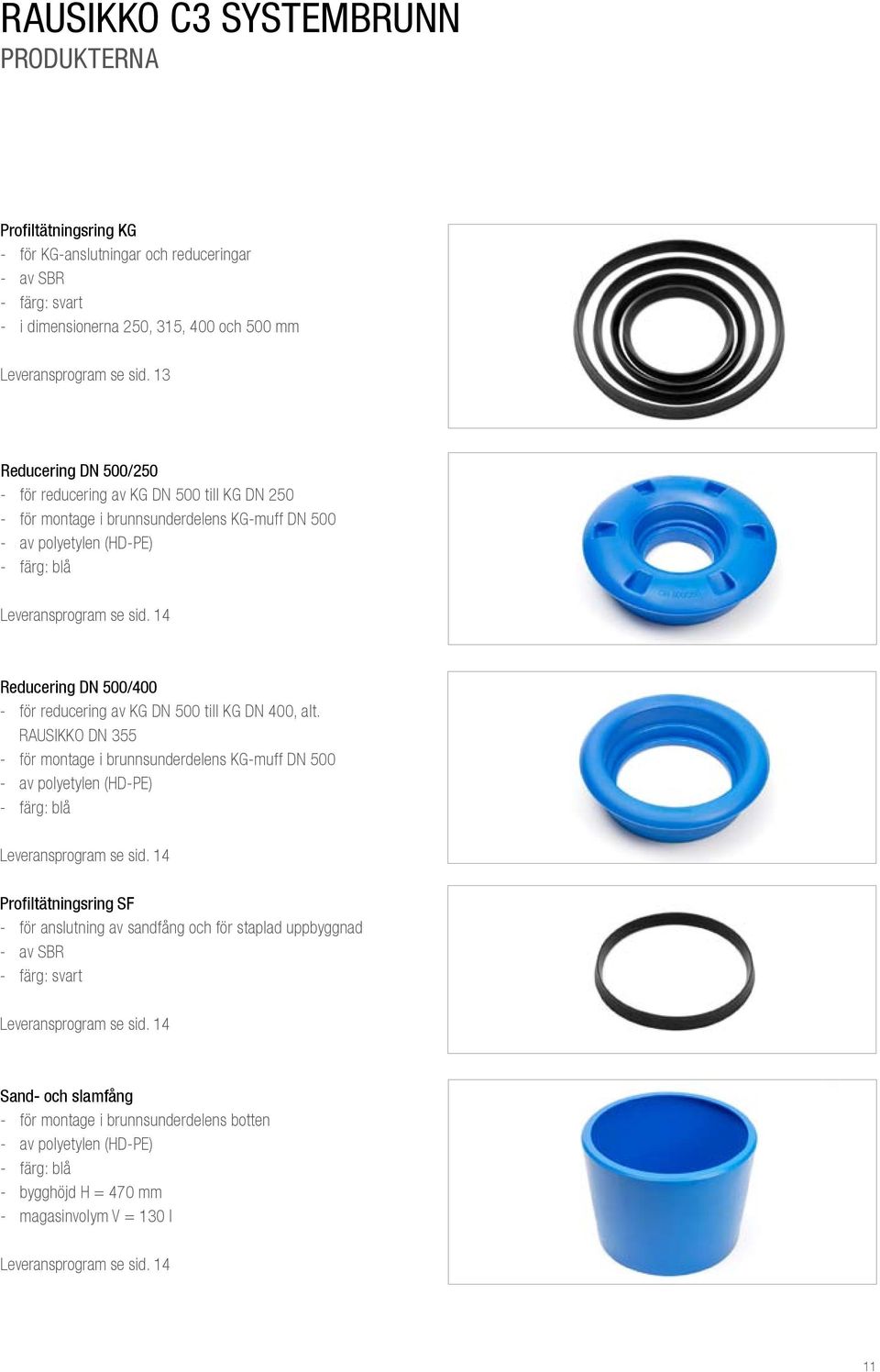 14 Reducering DN 500/400 - för reducering av KG DN 500 till KG DN 400, alt. RAUIKKO DN 355 - för montage i brunnsunderdelens KG-muff DN 500 - av polyetylen (HD-PE) Leveransprogram se sid.