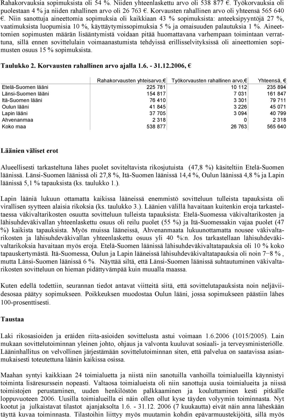 Aineettomien sopimusten määrän lisääntymistä voidaan pitää huomattavana varhempaan toimintaan verrattuna, sillä ennen sovittelulain voimaanastumista tehdyissä erillisselvityksissä oli aineettomien