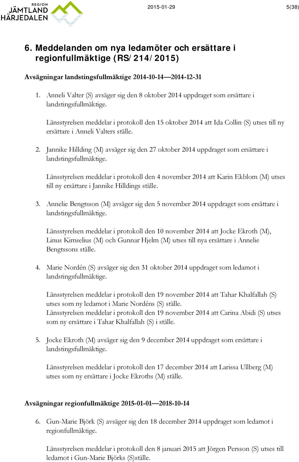 Länsstyrelsen meddelar i protokoll den 15 oktober 2014 att Ida Collin (S) utses till ny ersättare i Anneli Valters ställe. 2. Jannike Hillding (M) avsäger sig den 27 oktober 2014 uppdraget som ersättare i landstingsfullmäktige.