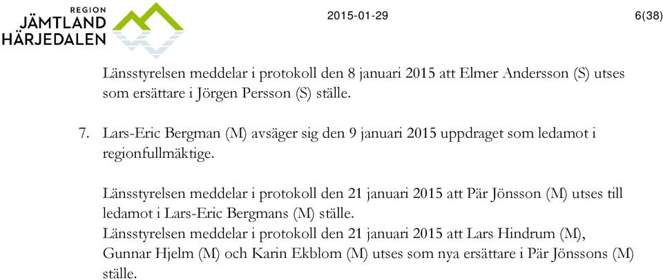 Länsstyrelsen meddelar i protokoll den 21 januari 2015 att Pär Jönsson (M) utses till ledamot i Lars-Eric Bergmans (M) ställe.