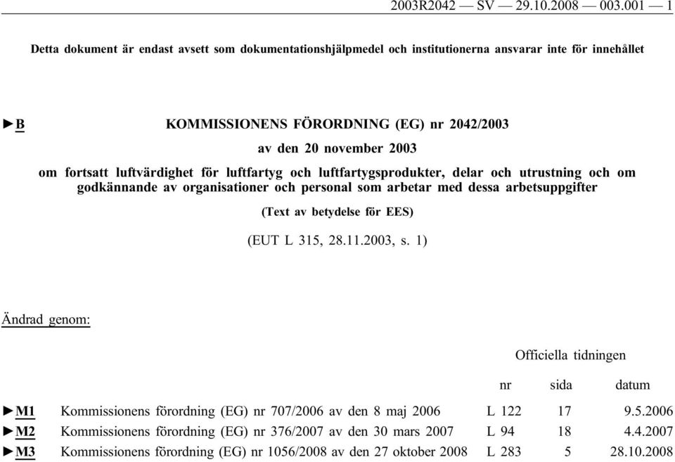 om fortsatt luftvärdighet för luftfartyg och luftfartygsprodukter, delar och utrustning och om godkännande av organisationer och personal som arbetar med dessa arbetsuppgifter (Text av