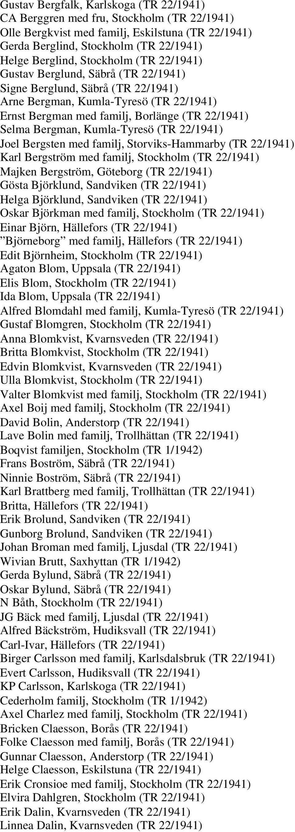 (TR 22/1941) Joel Bergsten med familj, Storviks-Hammarby (TR 22/1941) Karl Bergström med familj, Stockholm (TR 22/1941) Majken Bergström, Göteborg (TR 22/1941) Gösta Björklund, Sandviken (TR 22/1941)