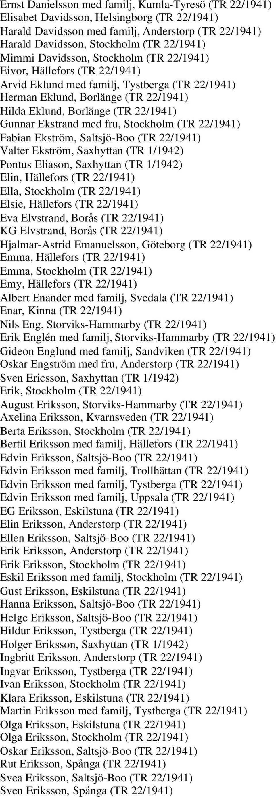 Ekstrand med fru, Stockholm (TR 22/1941) Fabian Ekström, Saltsjö-Boo (TR 22/1941) Valter Ekström, Saxhyttan (TR 1/1942) Pontus Eliason, Saxhyttan (TR 1/1942) Elin, Hällefors (TR 22/1941) Ella,