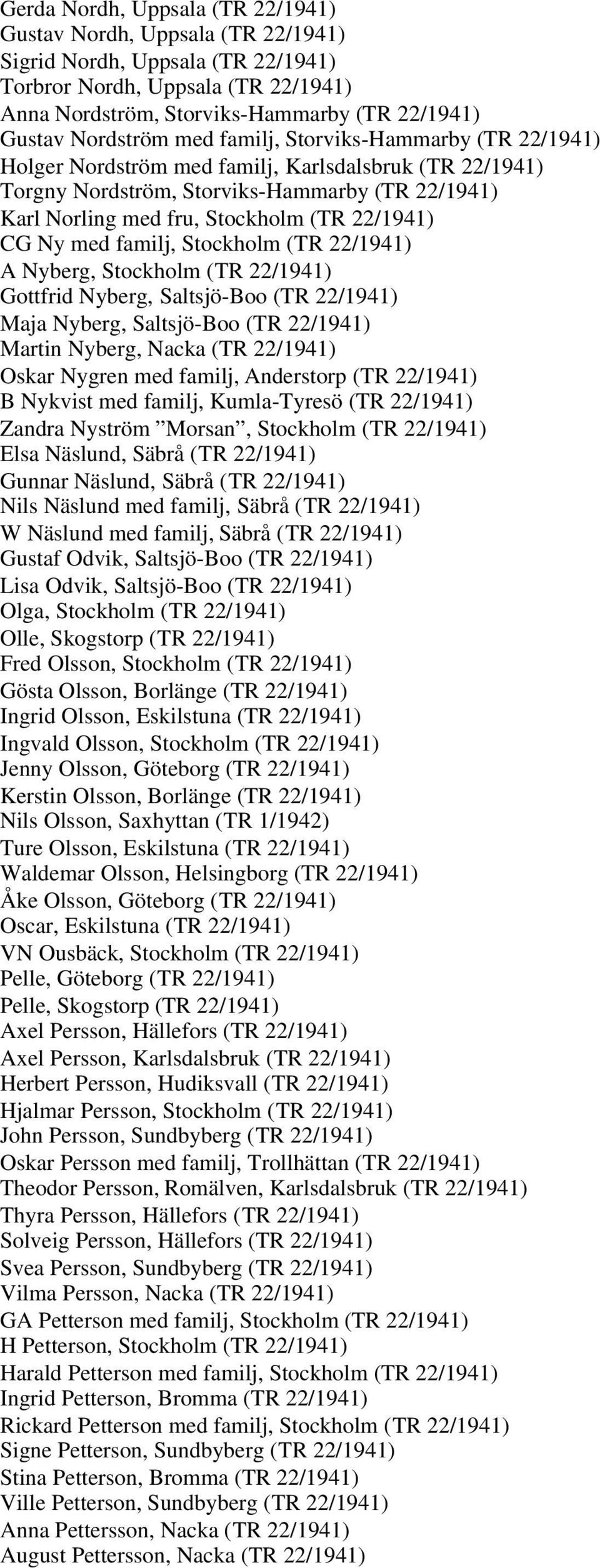 22/1941) CG Ny med familj, Stockholm (TR 22/1941) A Nyberg, Stockholm (TR 22/1941) Gottfrid Nyberg, Saltsjö-Boo (TR 22/1941) Maja Nyberg, Saltsjö-Boo (TR 22/1941) Martin Nyberg, Nacka (TR 22/1941)