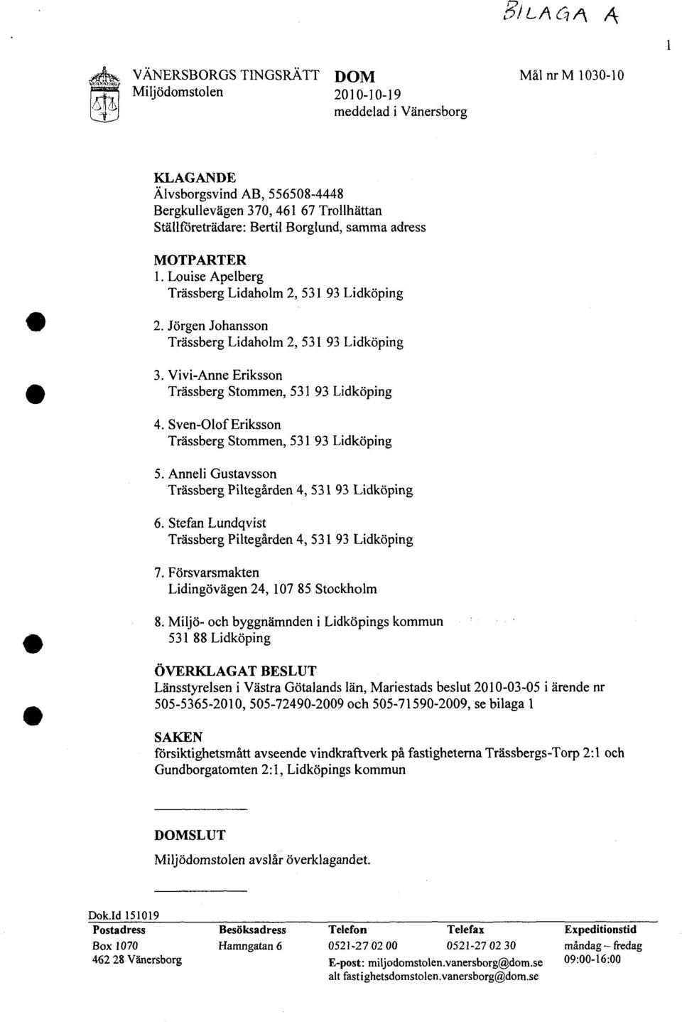 Sven-Olof Eriksson Trässberg Stommen, 5. Anneli Gustavsson Trässberg Piltegården 4, 6. Stefan Lundqvist Trässberg Piltegården 4, 7. Försvarsmakten Lidingövägen 24, 107 85 Stockholm 8.