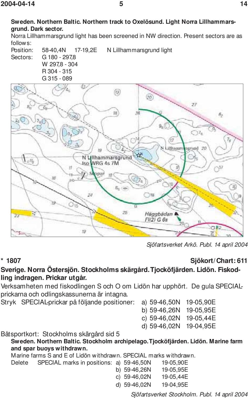 14 april 2004 * 1807 Sjökort/Chart: 611 Sverige. Norra Östersjön. Stockholms skärgård. Tjocköfjärden. Lidön. Fiskodling indragen. Prickar utgår.