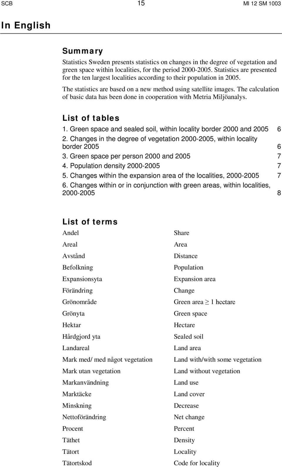 The calculation of basic data s been done in cooperation with Metria Miljöanalys. List of tables 1. Green space and sealed soil, within locality border 2000 and 2005 2.